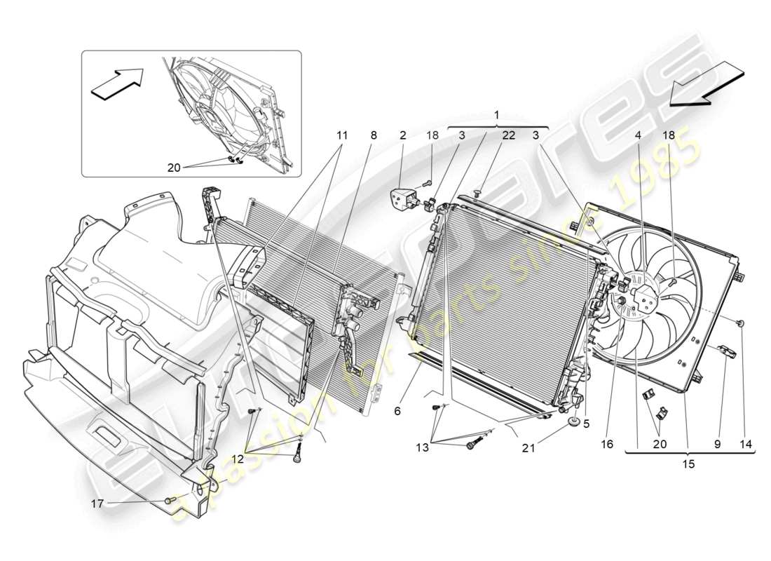 maserati quattroporte (2018) raffreddamento: diagramma delle parti dei radiatori dell'aria e dei condotti