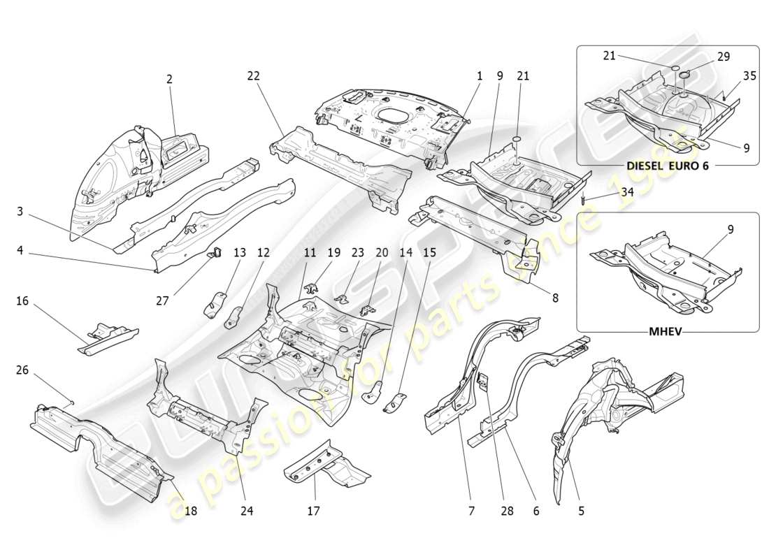 maserati ghibli fragment (2022) schema delle parti dei telai strutturali posteriori e dei pannelli in lamiera