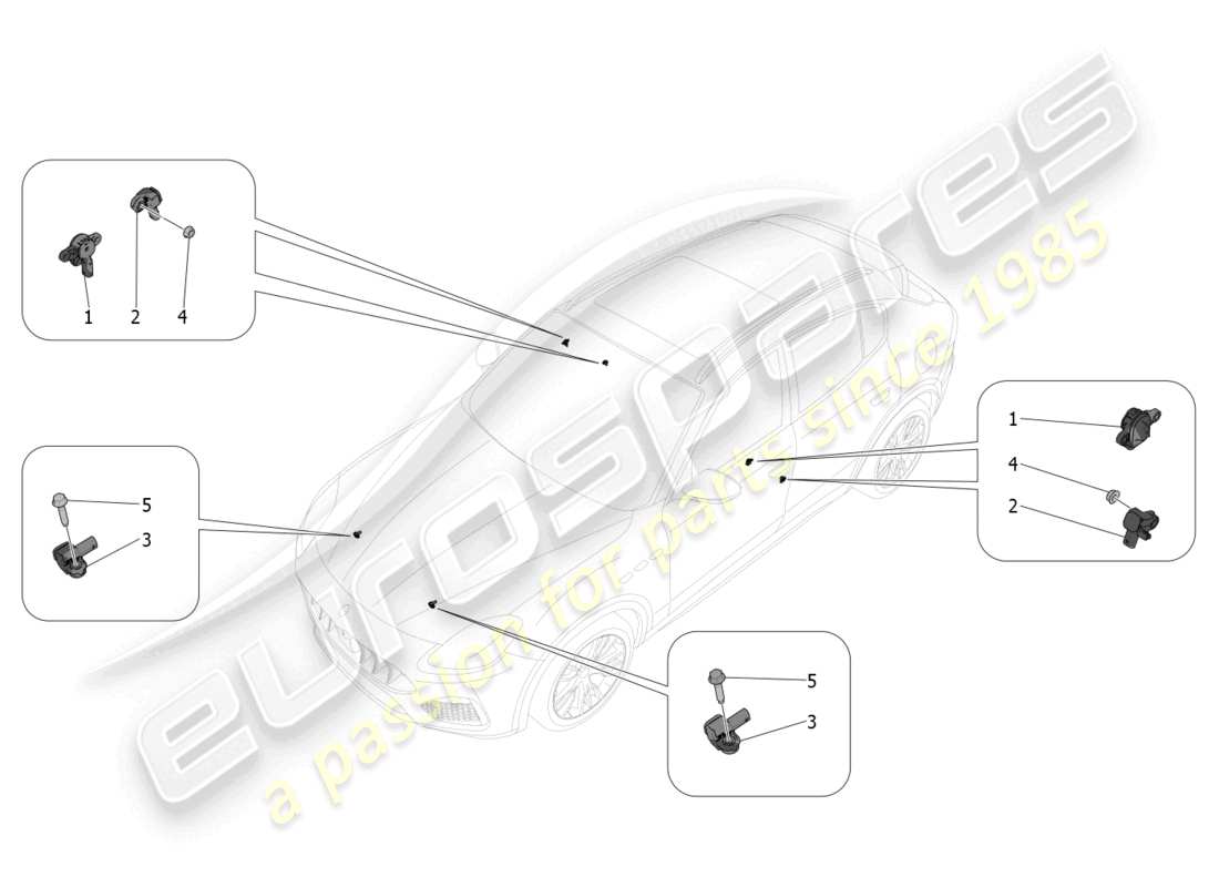 maserati grecale trofeo (2023) diagramma delle parti dei sensori di collisione
