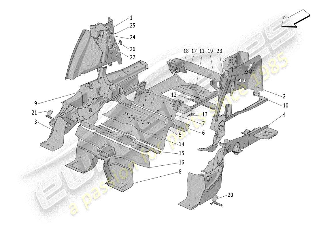 maserati grecale modena (2023) schema delle parti dei telai strutturali posteriori e dei pannelli in lamiera