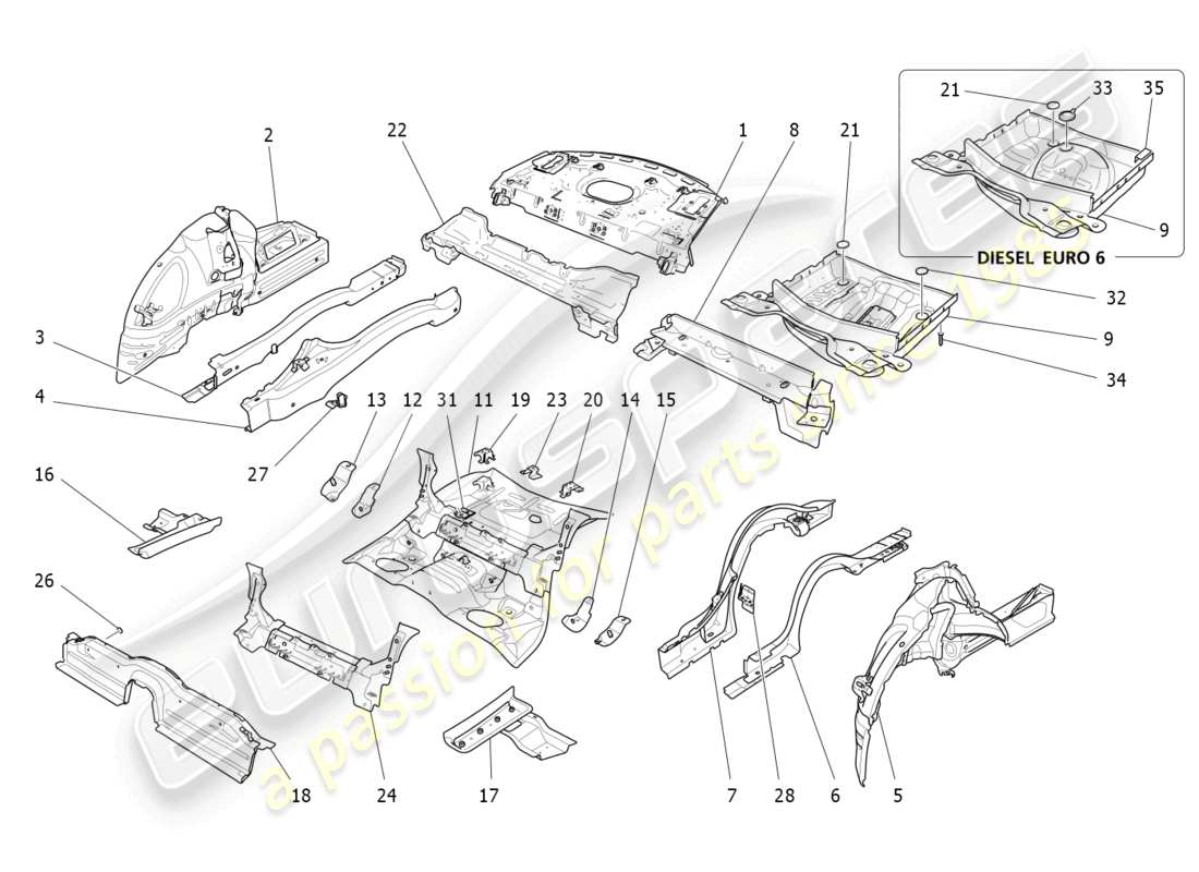 maserati quattroporte (2018) schema delle parti dei telai strutturali posteriori e dei pannelli in lamiera