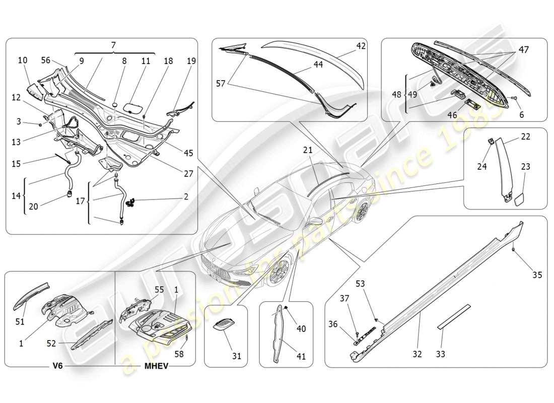 maserati ghibli (2016) schema delle parti di scudi, finiture e pannelli di copertura