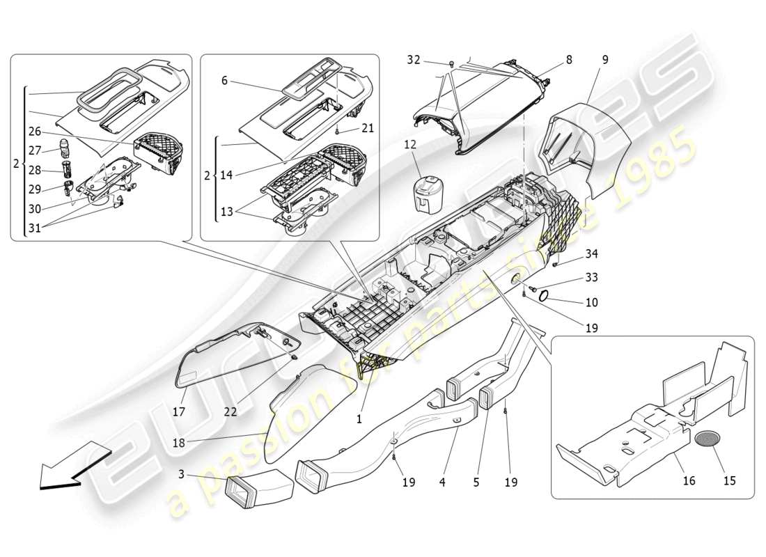 maserati ghibli (2016) schema delle parti della console accessoria e della console centrale