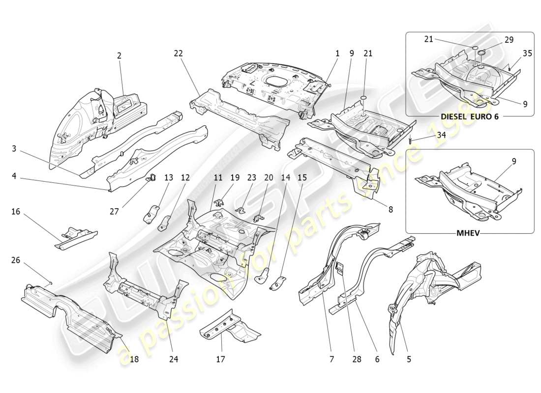 maserati ghibli (2016) schema delle parti dei telai strutturali posteriori e dei pannelli in lamiera