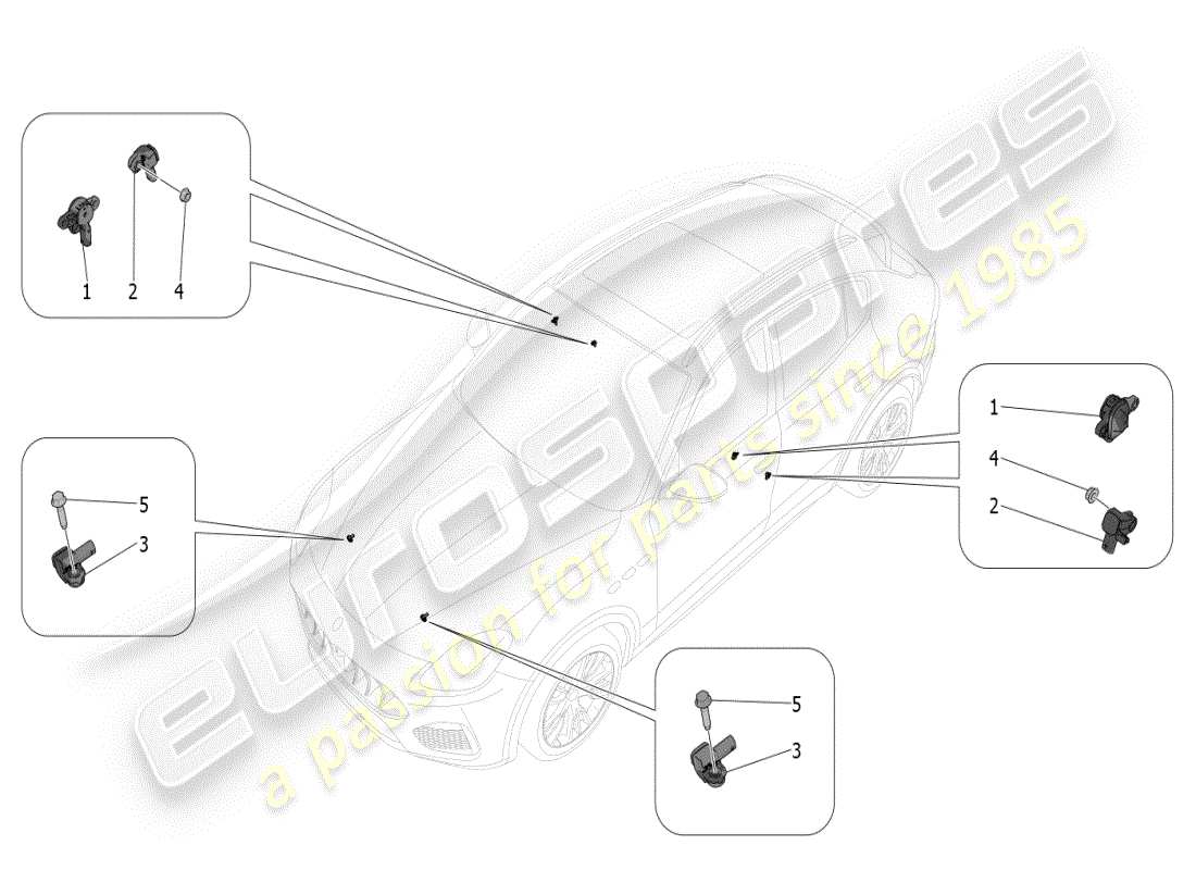 maserati grecale modena (2023) diagramma delle parti dei sensori di collisione