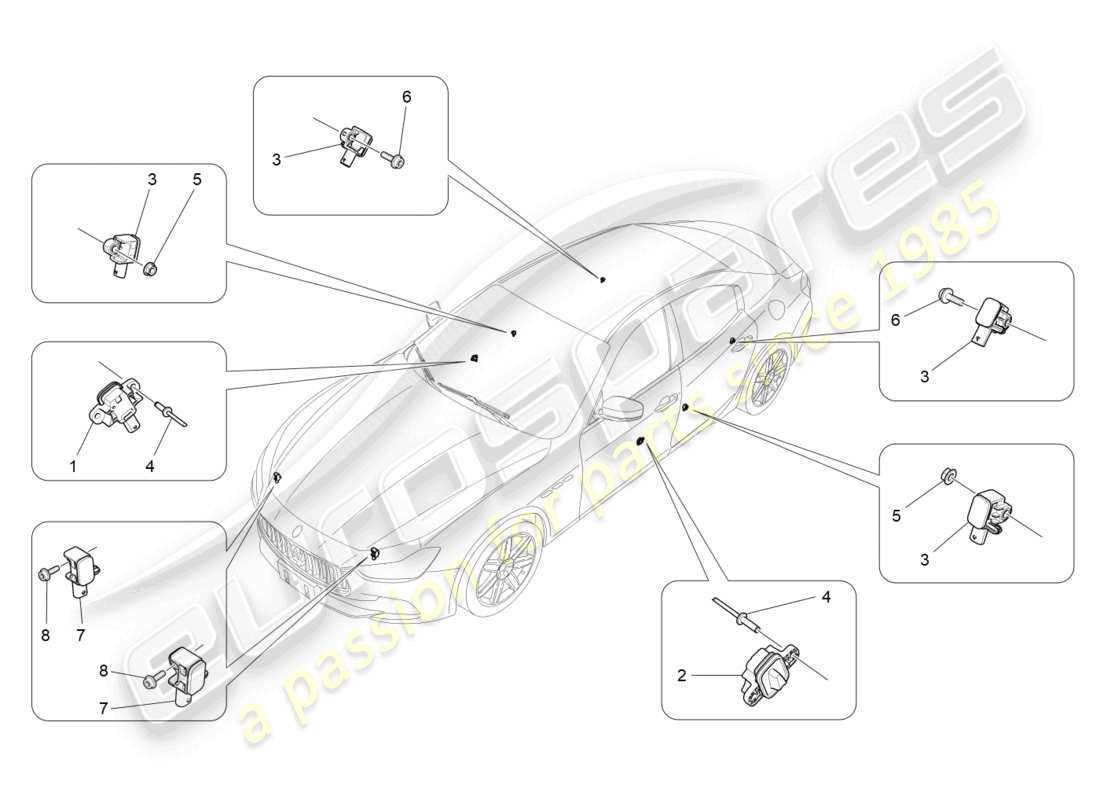 maserati ghibli (2016) diagramma delle parti dei sensori di collisione