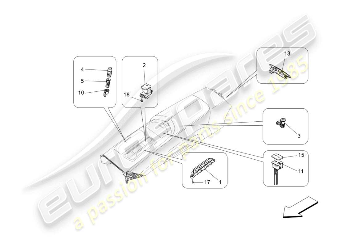 maserati ghibli (2016) diagramma delle parti dei dispositivi della console centrale