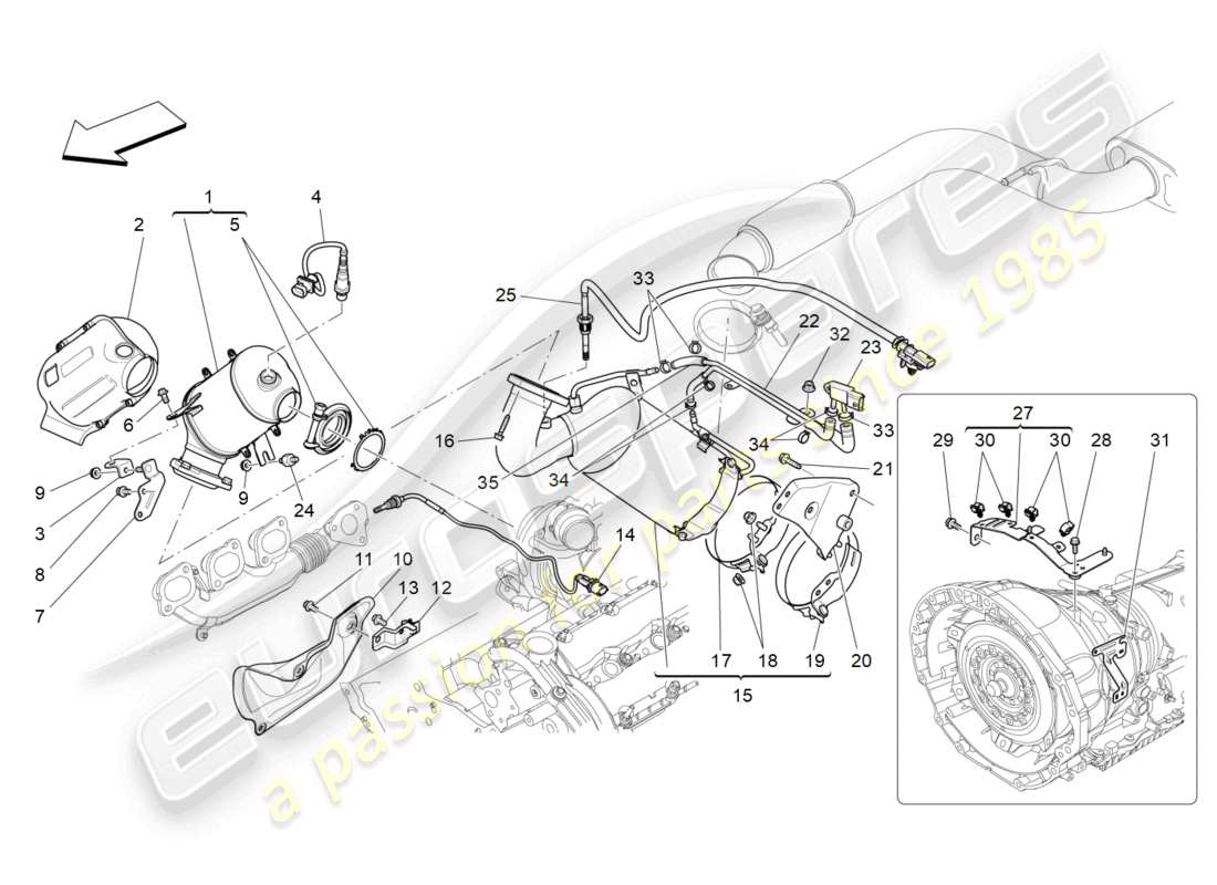 maserati ghibli (2016) diagramma delle parti dei convertitori pre-catalitici e dei convertitori catalitici