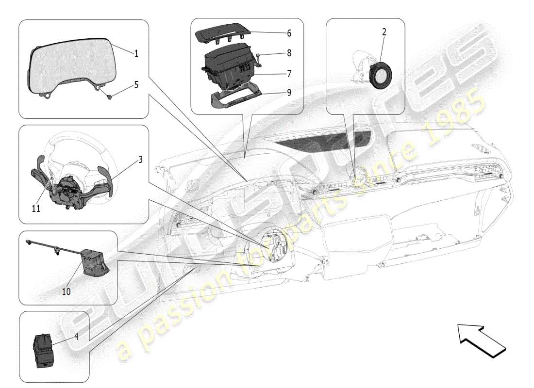 maserati grecale modena (2023) diagramma delle parti dei dispositivi del dashboard
