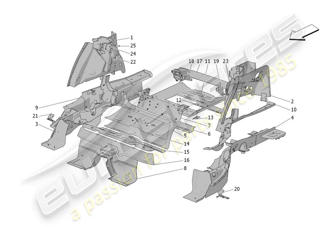 maserati grecale trofeo (2023) schema delle parti dei telai strutturali posteriori e dei pannelli in lamiera