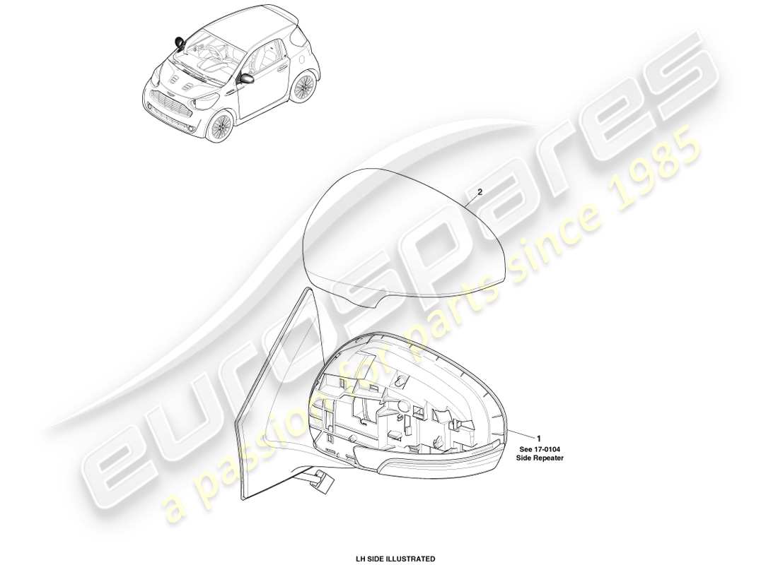 aston martin cygnet (2012) vetro dello specchio esterno diagramma delle parti