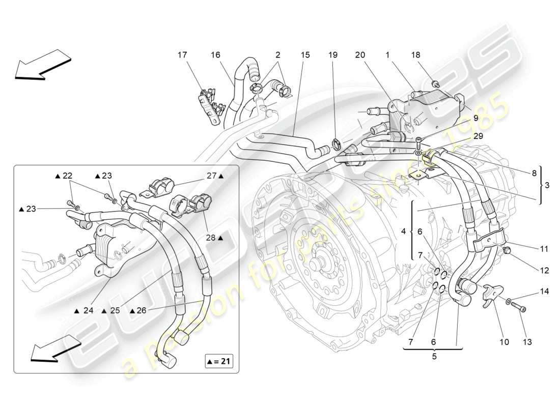 maserati quattroporte (2018) diagramma delle parti di raffreddamento dell'olio del cambio e della lubrificazione
