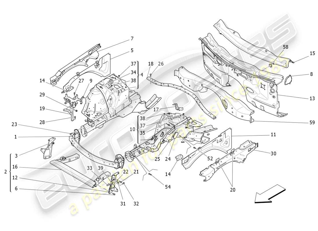 maserati levante gts (2020) telai strutturali e pannelli in lamiera anteriori diagramma delle parti