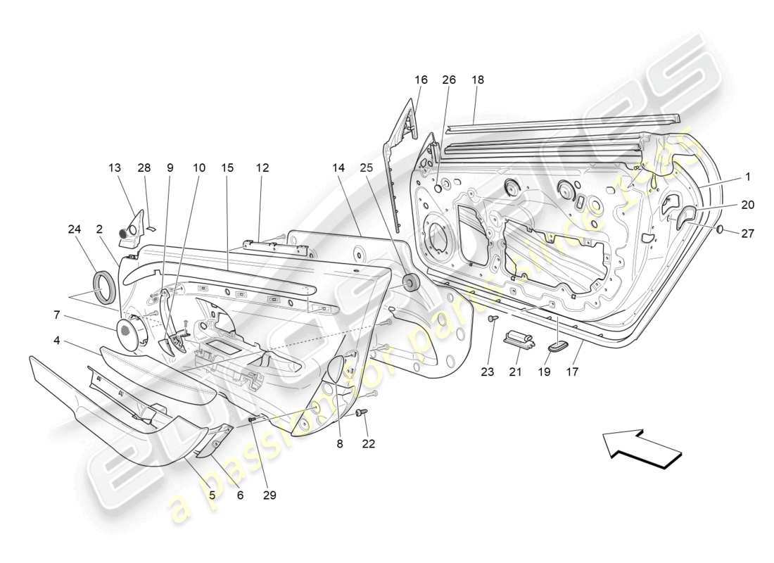 maserati grancabrio mc (2013) porte anteriori: diagramma delle parti dei pannelli di rivestimento