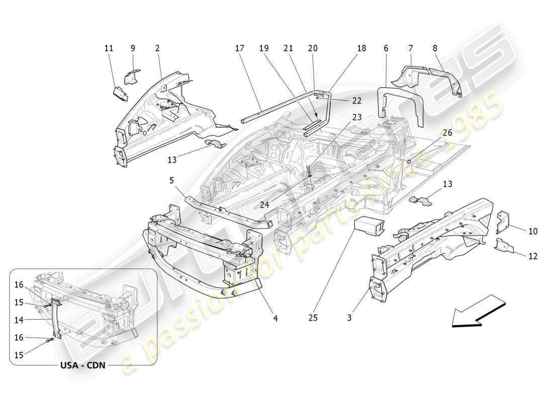 maserati grancabrio mc (2013) schema delle parti dei telai strutturali anteriori e dei pannelli in lamiera