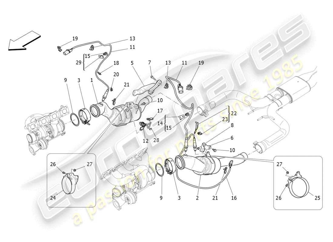 maserati levante gts (2020) diagramma delle parti dei convertitori pre-catalitici e dei convertitori catalitici