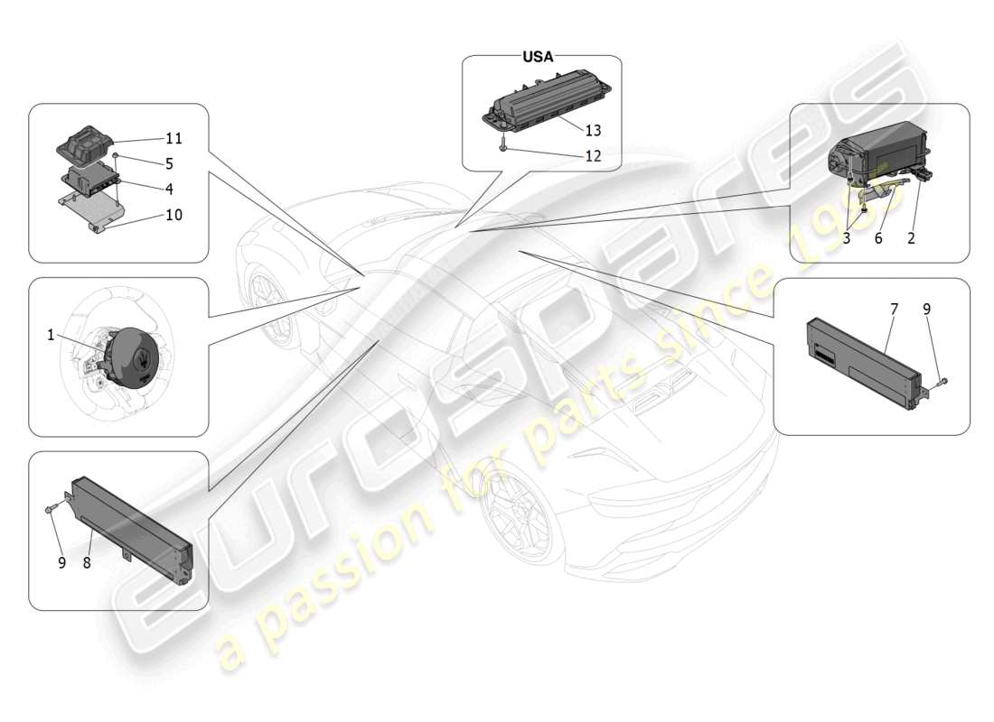 maserati mc20 cielo (2023) schema delle parti del sistema airbag