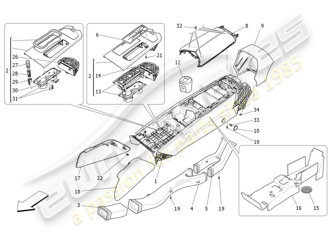 maserati ghibli (2014) schema delle parti della console accessoria e della console centrale