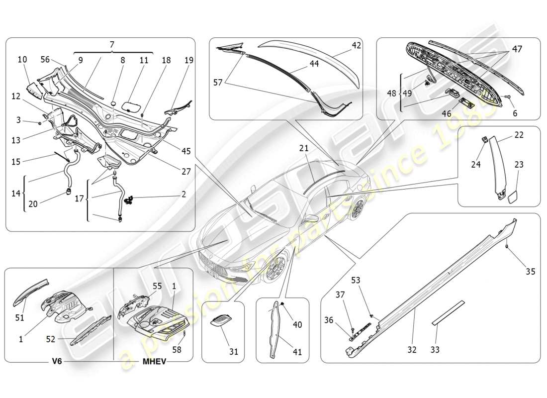 maserati ghibli (2014) schema delle parti di scudi, finiture e pannelli di copertura
