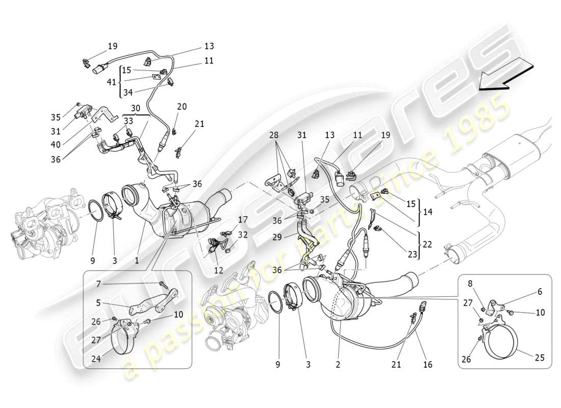 maserati levante gts (2020) diagramma delle parti dei convertitori pre-catalitici e dei convertitori catalitici