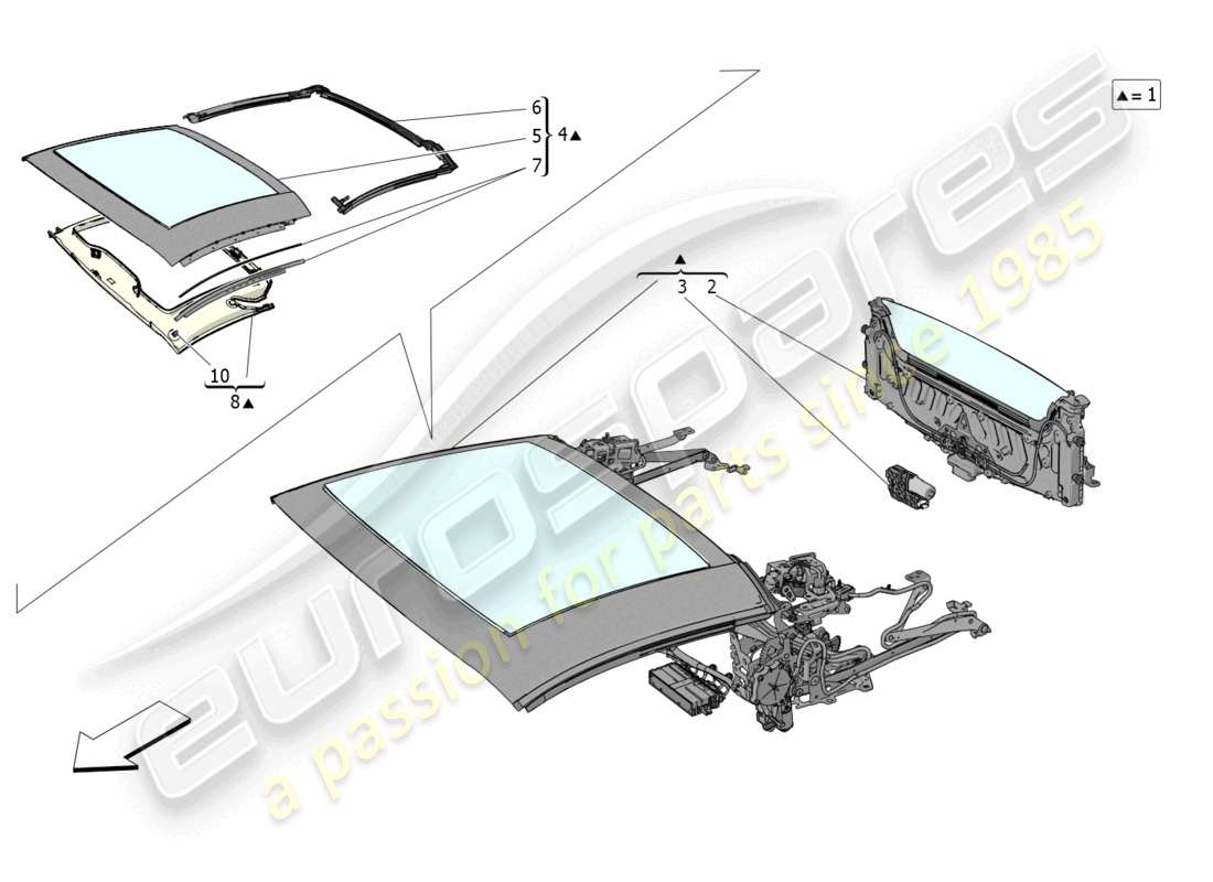 maserati mc20 cielo (2023) capote elettrica: diagramma delle parti dei rivestimenti
