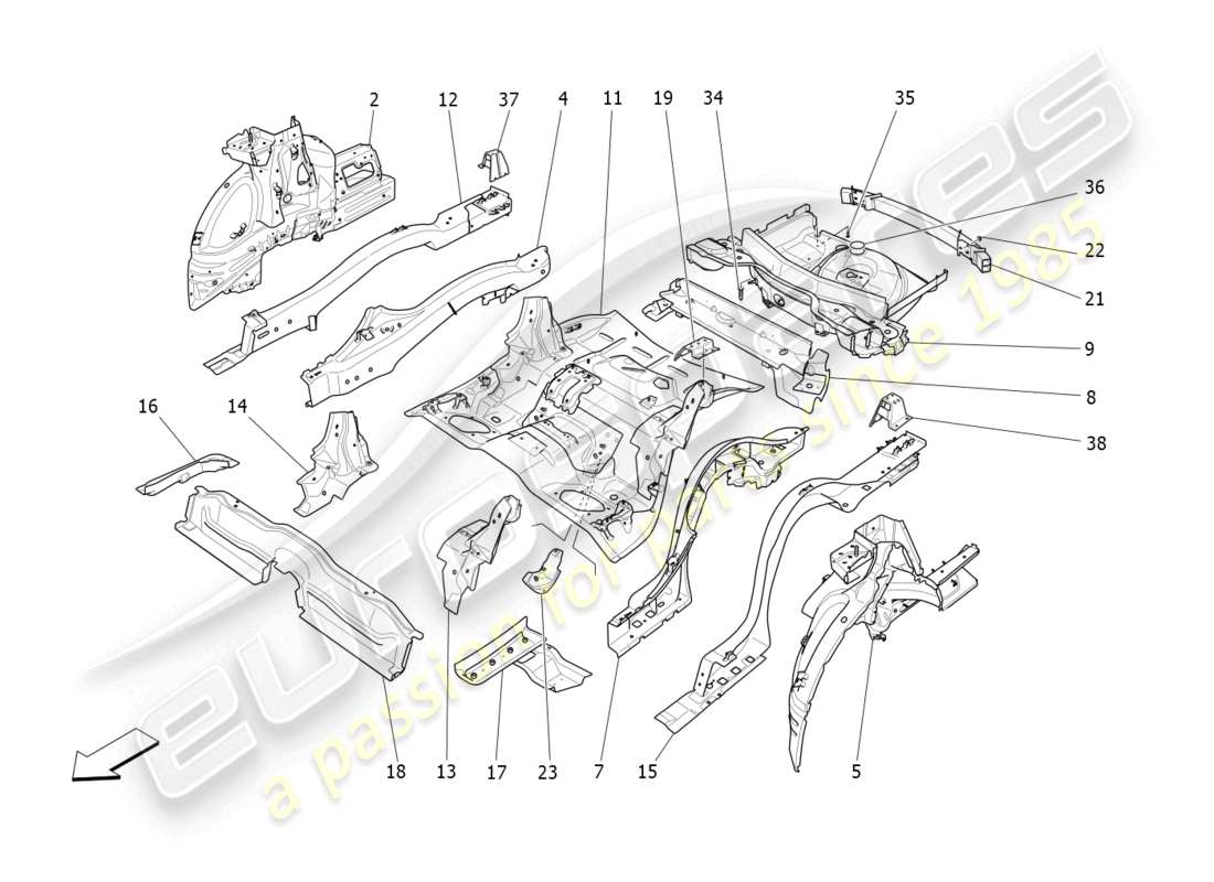 maserati levante zenga (2020) schema delle parti dei telai strutturali posteriori e dei pannelli in lamiera