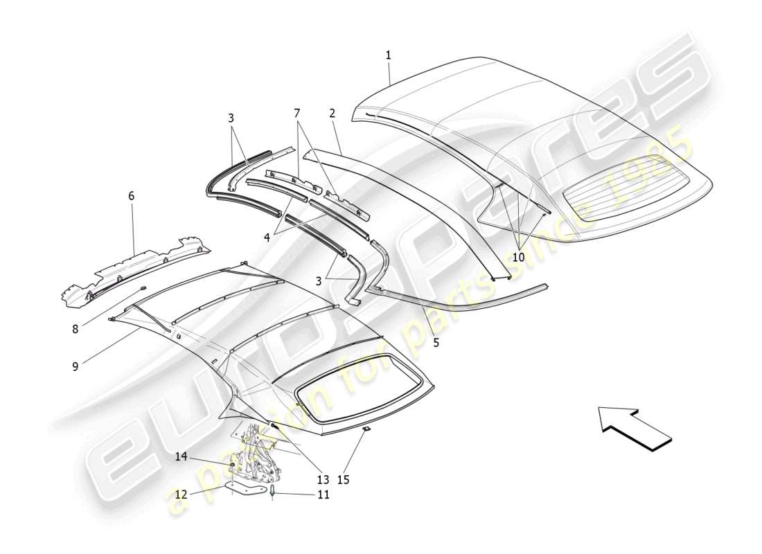 maserati grancabrio mc (2013) capote elettrica: diagramma delle parti dei rivestimenti