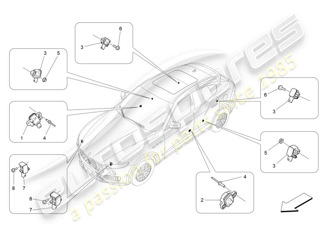 maserati levante zenga (2020) diagramma delle parti dei sensori di collisione