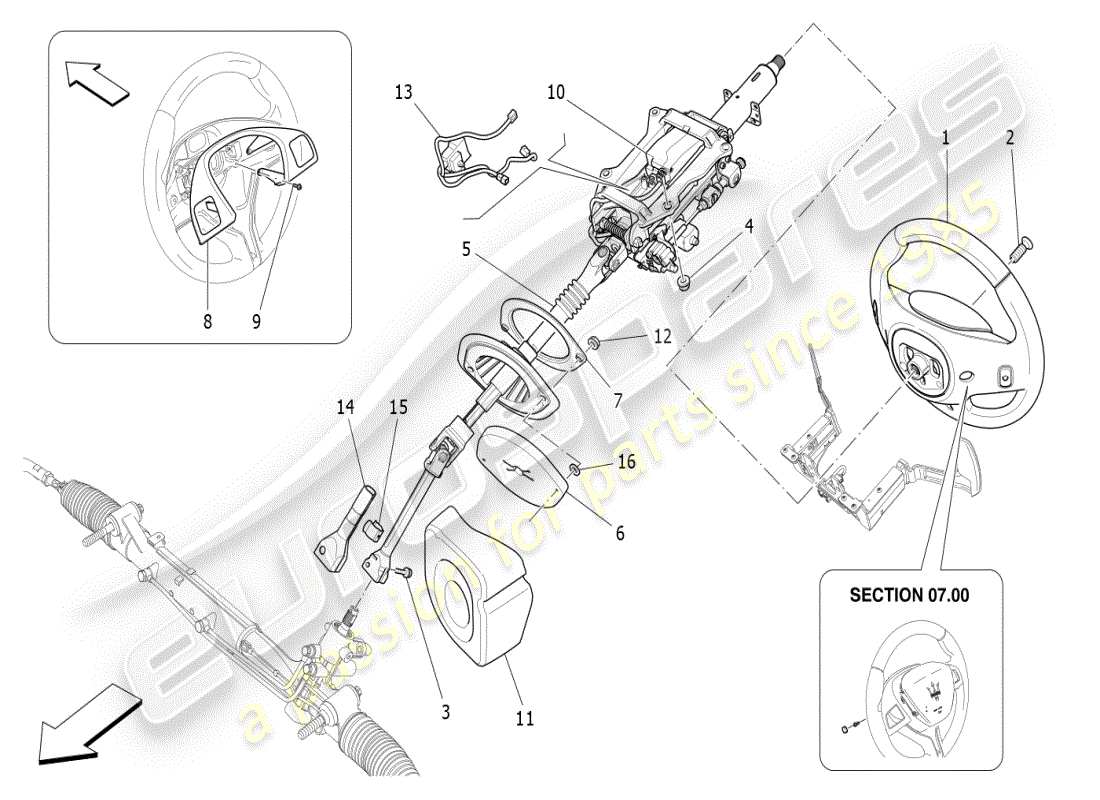 maserati ghibli (2019) schema delle parti del piantone dello sterzo e dell'unità del volante