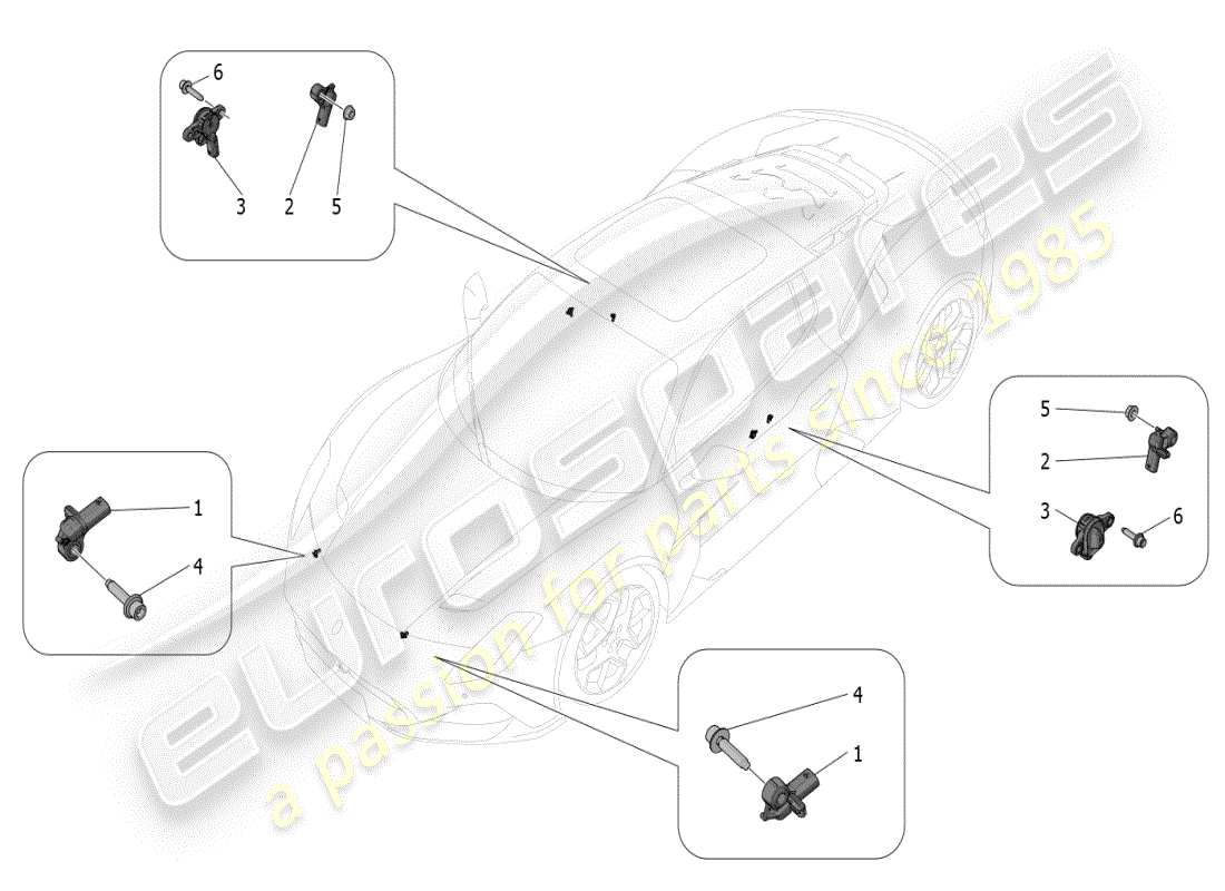 maserati mc20 (2024) diagramma delle parti dei sensori di collisione