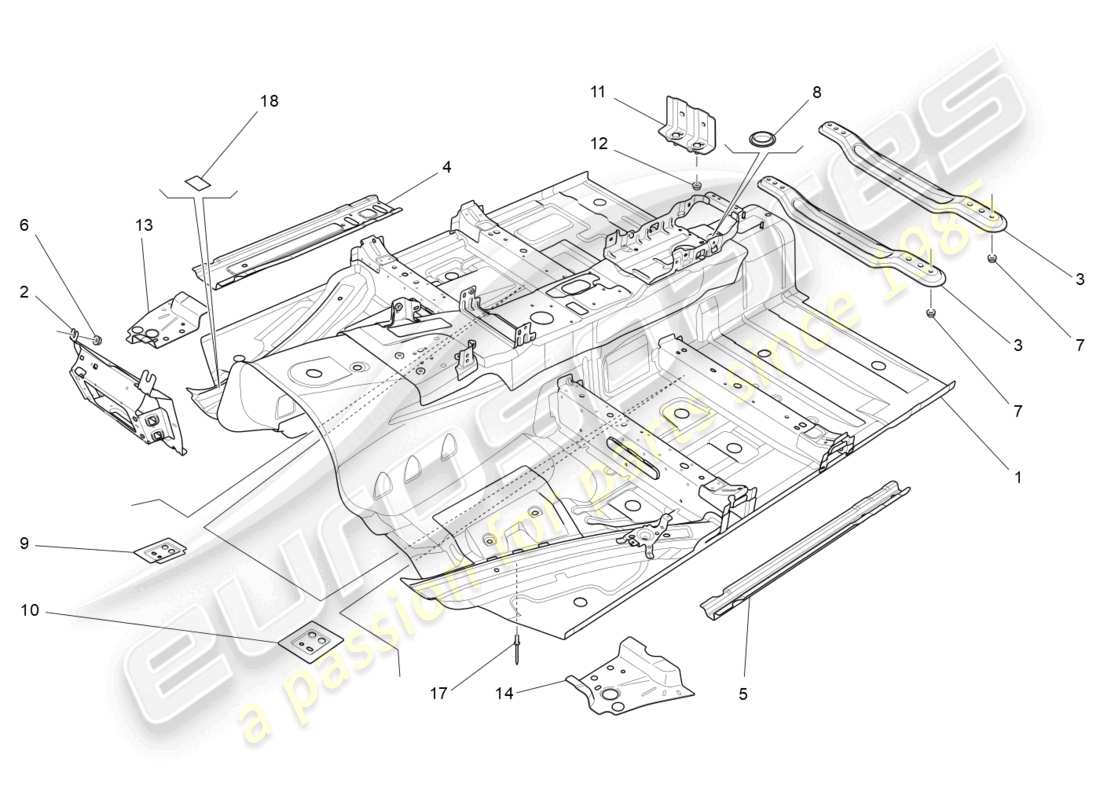 maserati quattroporte (2018) schema delle parti dei telai strutturali centrali e dei pannelli in lamiera