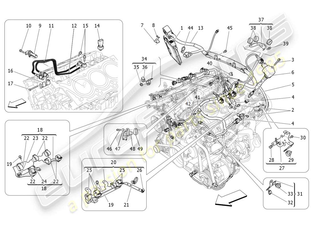 maserati ghibli (2018) controllo elettronico: diagramma delle parti di controllo dell'iniezione e della fasatura del motore