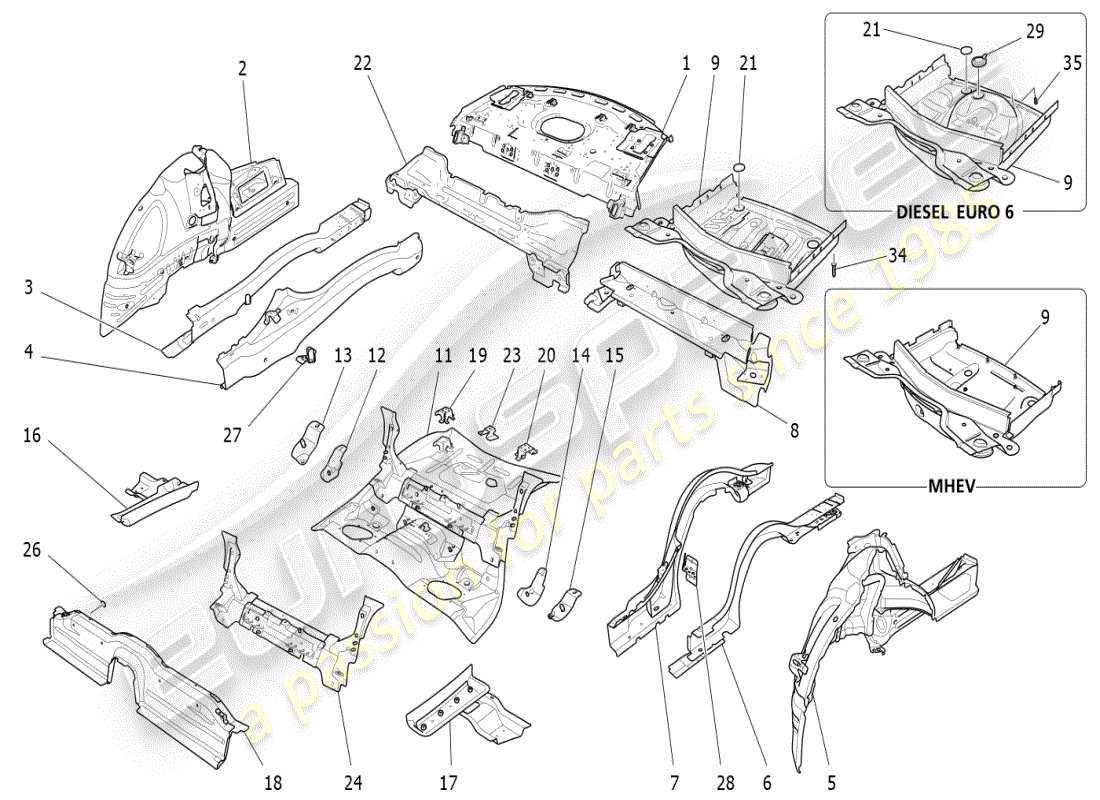 maserati ghibli (2019) schema delle parti dei telai strutturali posteriori e dei pannelli in lamiera