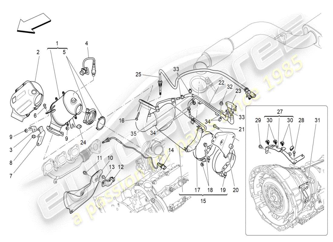 maserati ghibli (2019) diagramma delle parti dei convertitori pre-catalitici e dei convertitori catalitici