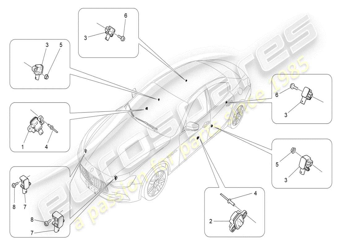 maserati ghibli (2019) diagramma delle parti dei sensori di collisione