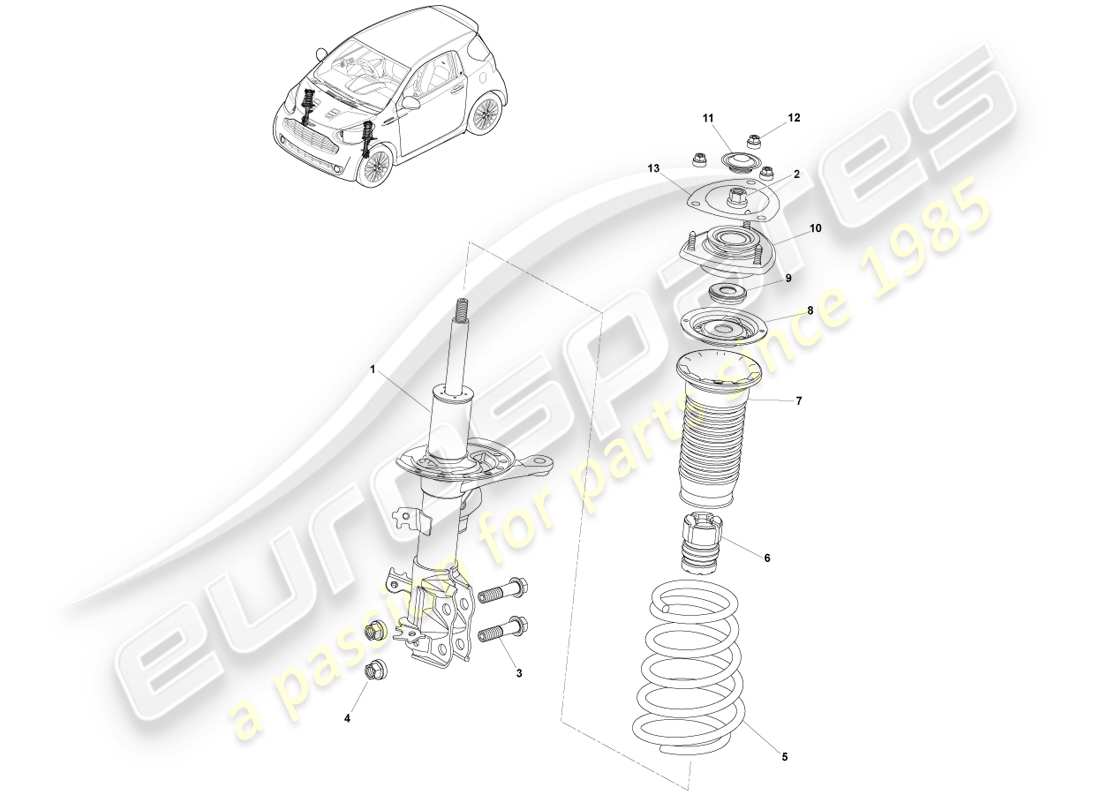 aston martin cygnet (2012) molla e ammortizzatore della sospensione anteriore diagramma delle parti
