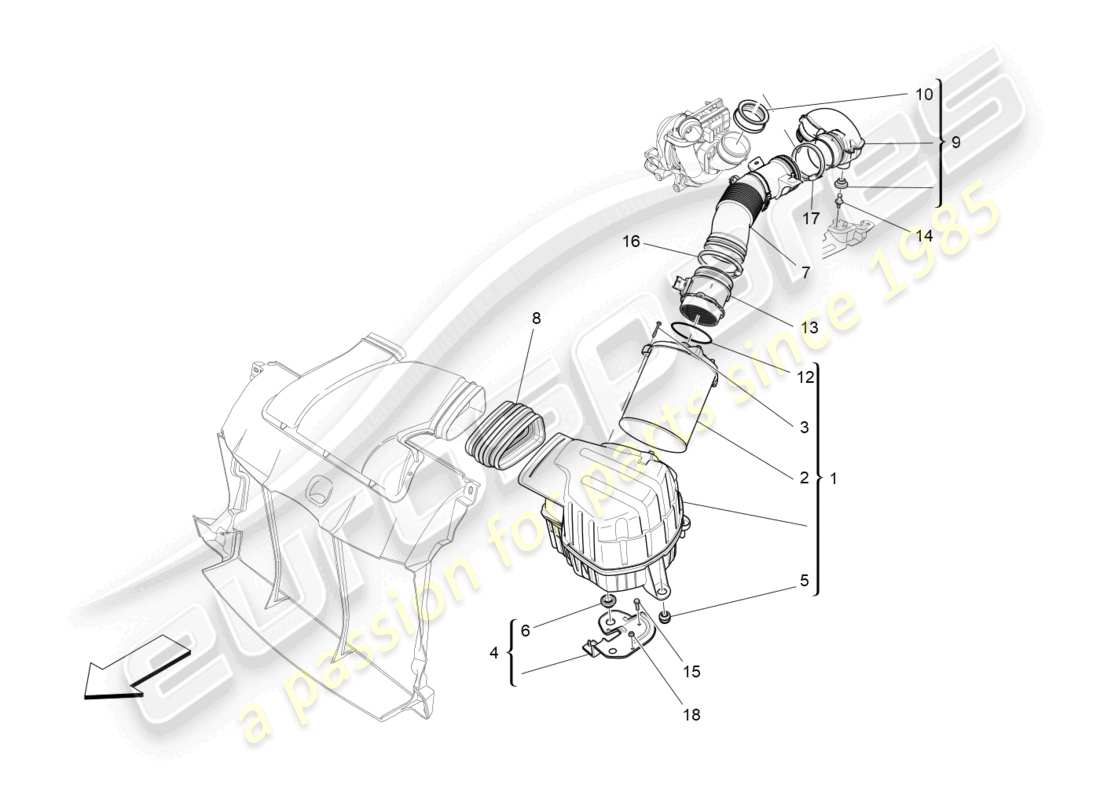 maserati ghibli (2016) diagramma delle parti del filtro dell'aria, della presa d'aria e dei condotti