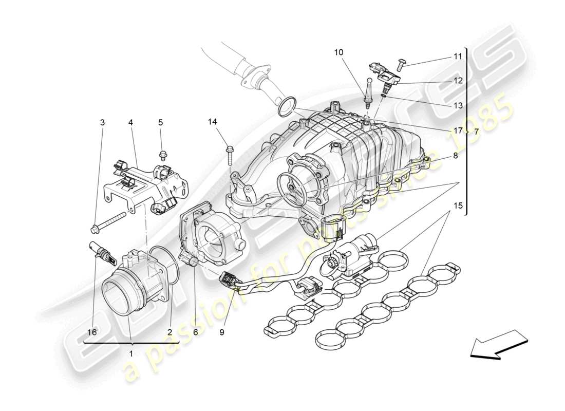 maserati ghibli (2016) schema della parte del collettore di aspirazione e del corpo farfallato