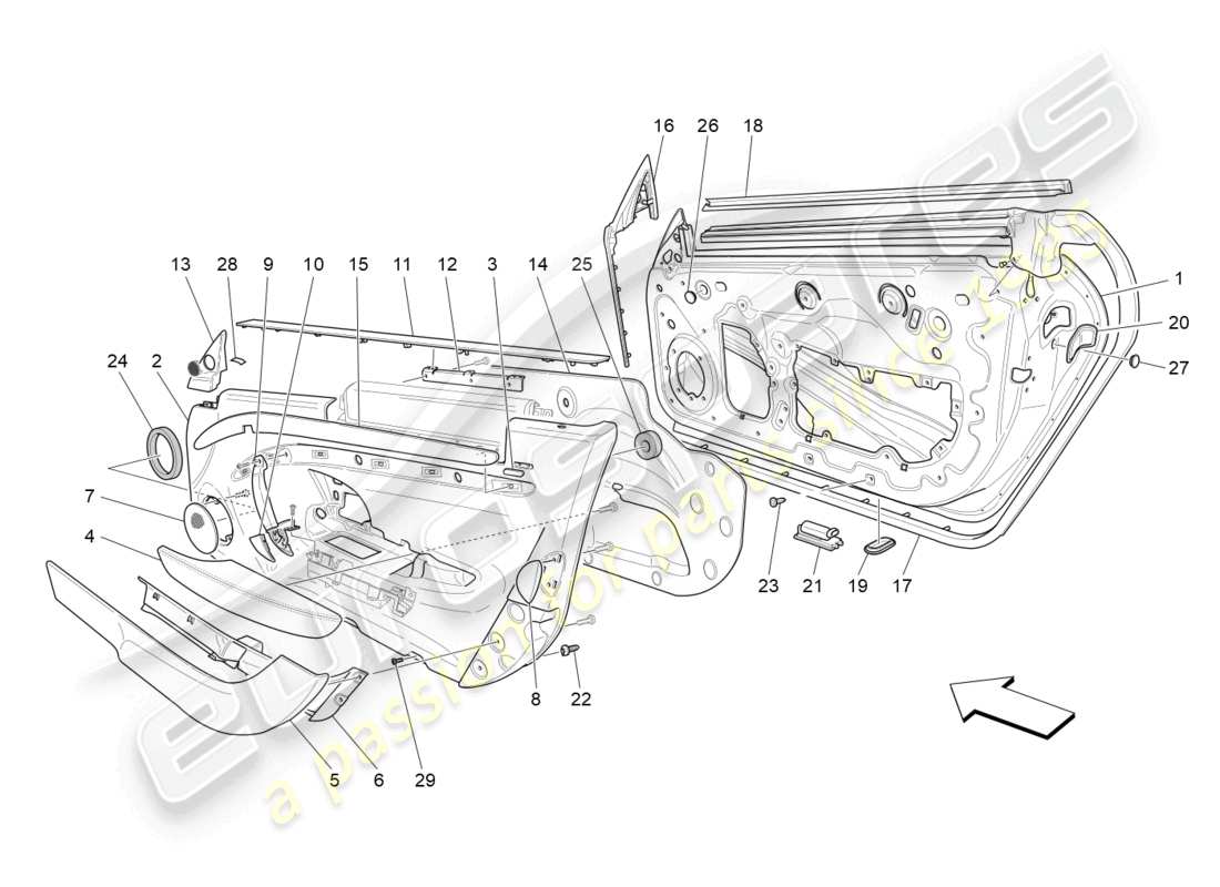 maserati granturismo mc stradale (2011) porte anteriori: pannelli di rivestimento diagramma delle parti