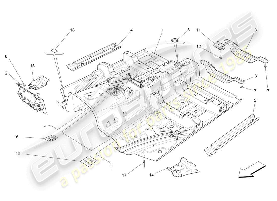 maserati levante (2020) telai strutturali centrali e pannelli in lamiera diagramma delle parti