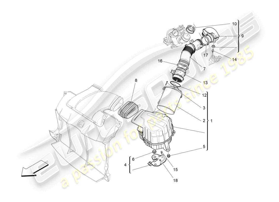 maserati ghibli (2017) diagramma delle parti del filtro dell'aria, della presa d'aria e dei condotti