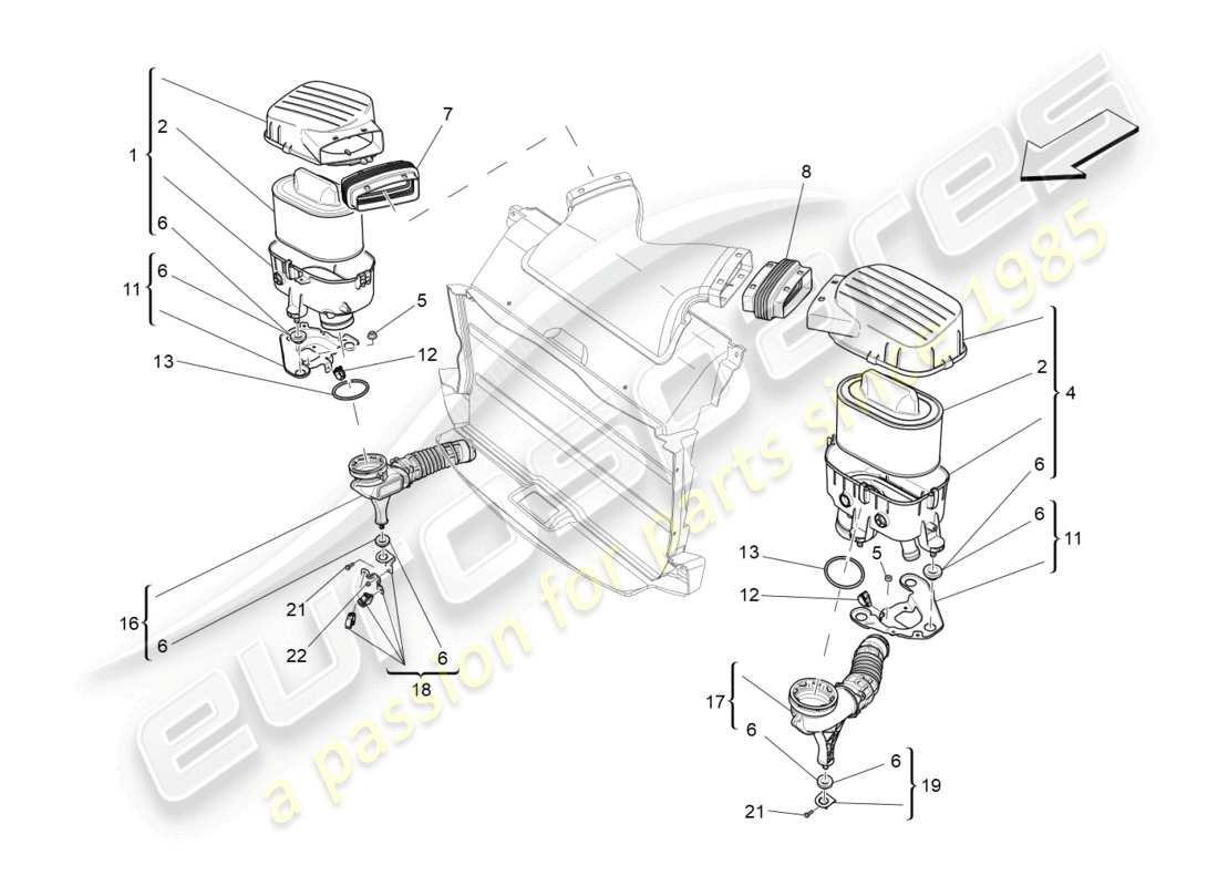 maserati ghibli (2018) diagramma delle parti del filtro dell'aria, della presa d'aria e dei condotti