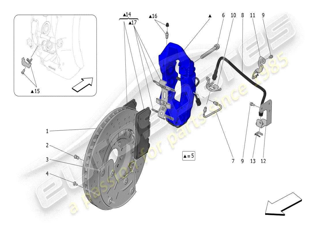 maserati mc20 (2024) schema parziale dei dispositivi di frenatura sulle ruote anteriori