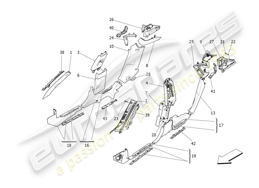 maserati levante gt (2022) schema delle parti dei pannelli di rivestimento del montante b e dei pannelli laterali dell'abitacolo
