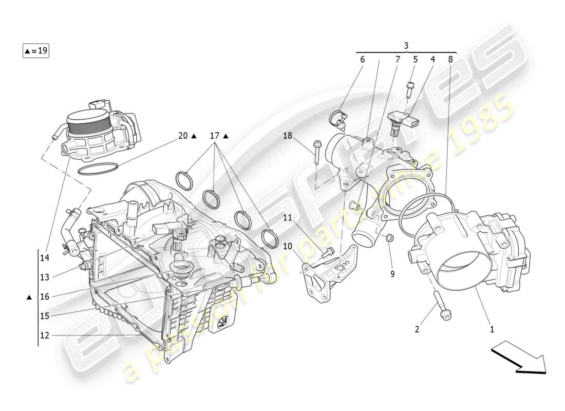 maserati levante gt (2022) collettore di aspirazione e corpo farfallato diagramma delle parti