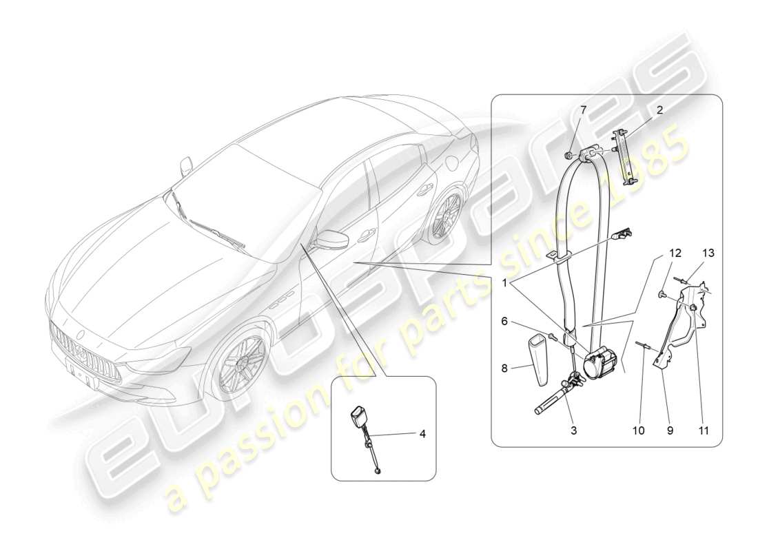 maserati ghibli (2014) diagramma delle parti delle cinture di sicurezza anteriori