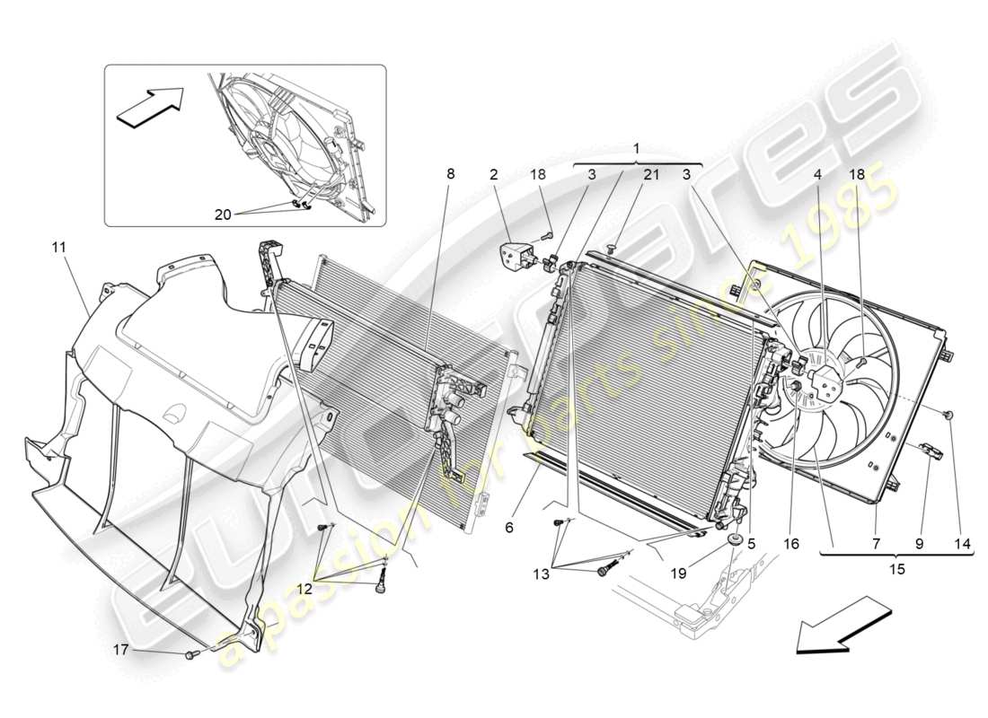 maserati ghibli (2014) raffreddamento: diagramma delle parti dei radiatori dell'aria e dei condotti