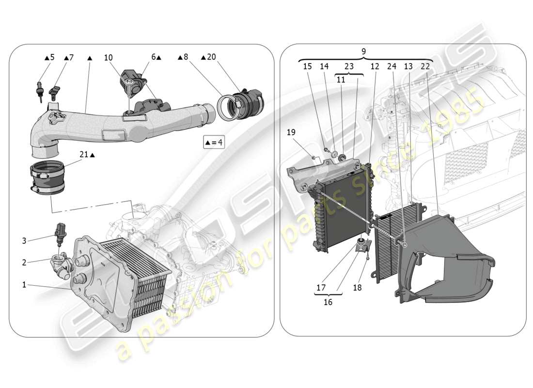 maserati grecale gt (2023) schema delle parti del sistema intercooler