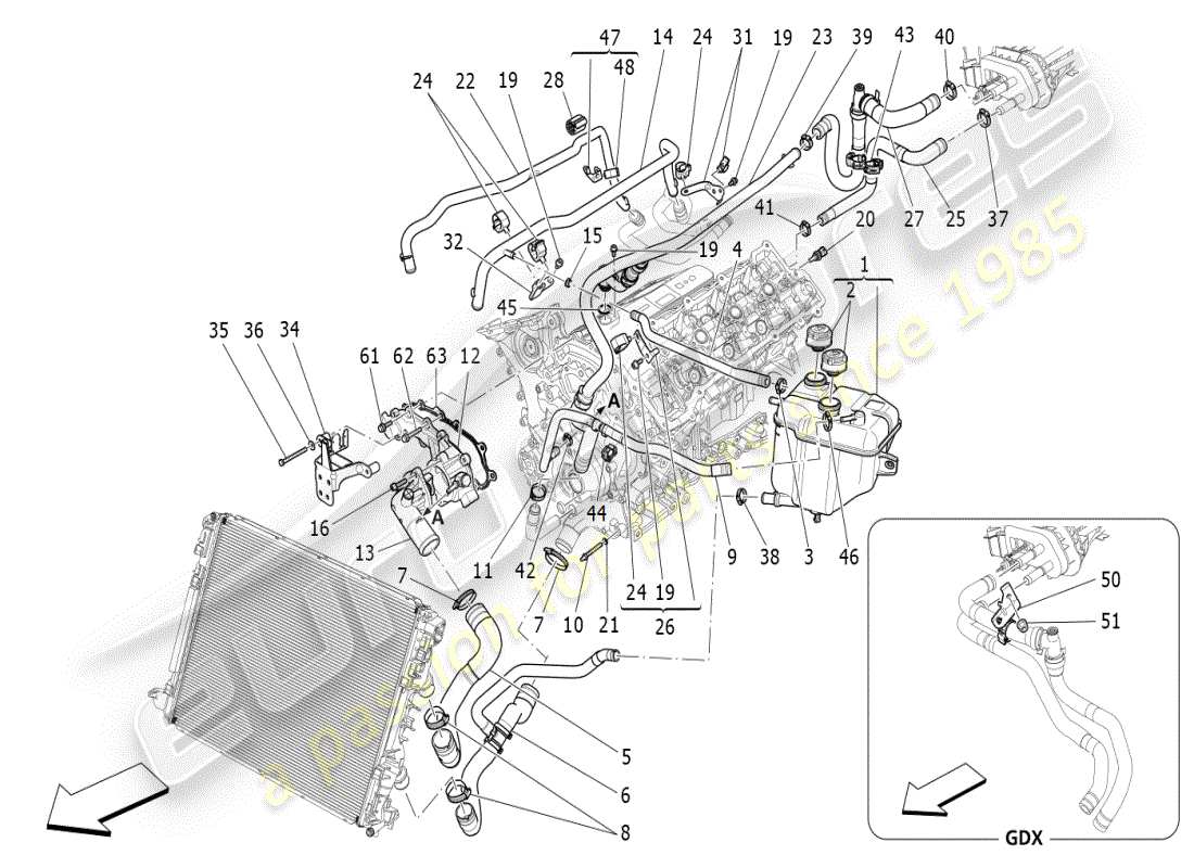 maserati ghibli (2019) sistema di raffreddamento: diagramma delle parti di nourice e linee