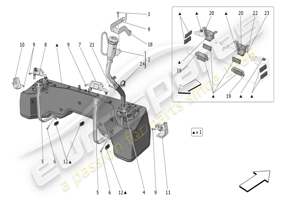 maserati mc20 (2024) diagramma delle parti del serbatoio del carburante